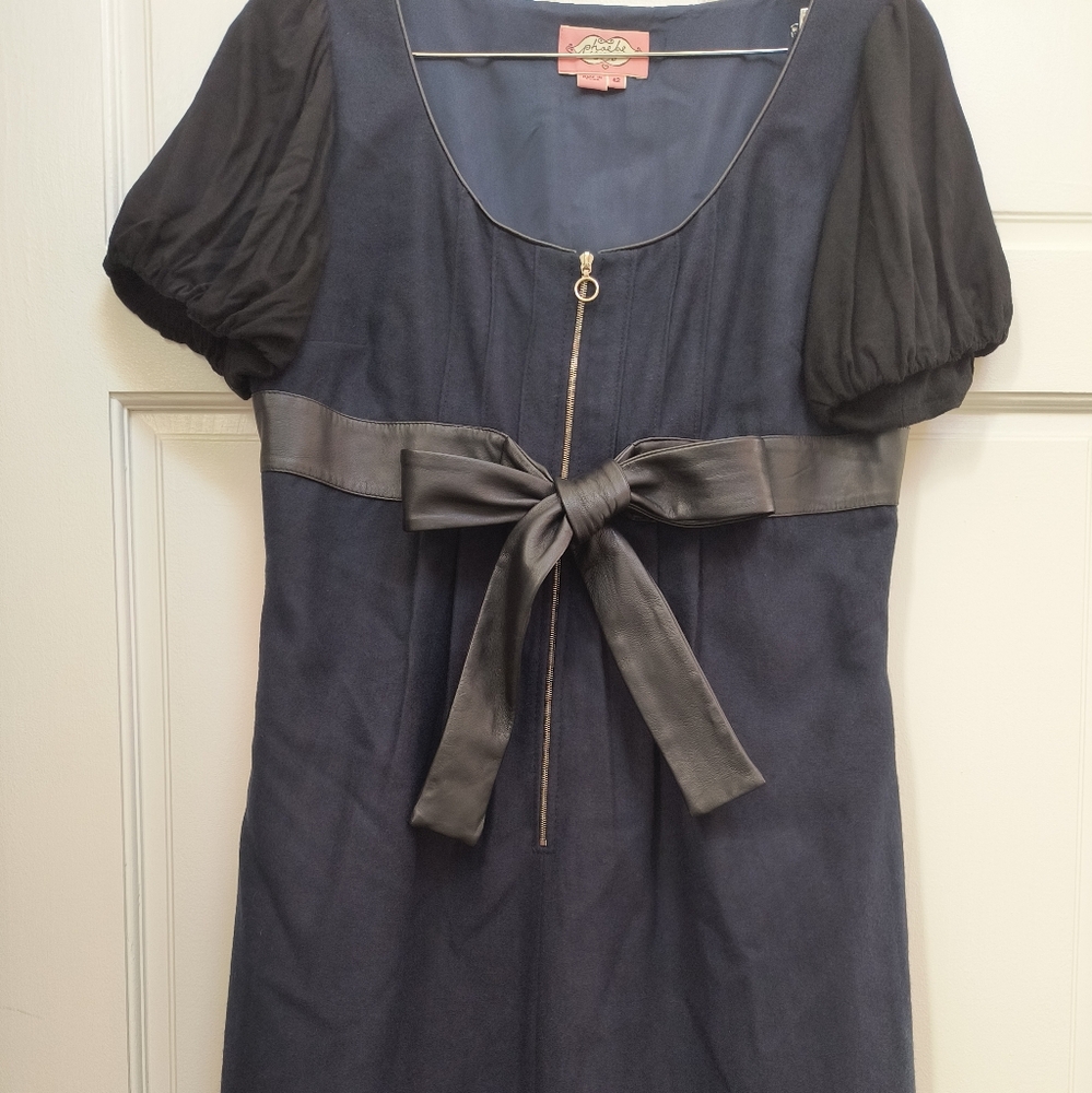 Phoebe Couture Navy Dress With Leather Trim